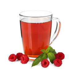 Cup of delicious tea, raspberries and mint isolated on white