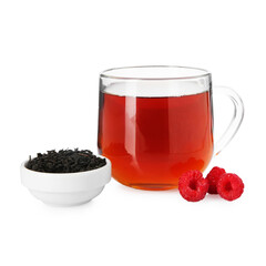 Cup of delicious tea, raspberries and brew isolated on white