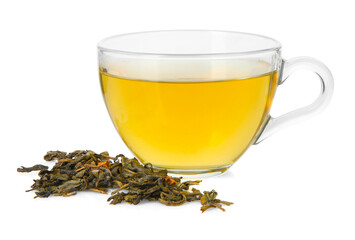 Cup of delicious tea and brew isolated on white