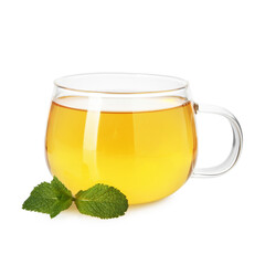 Cup of delicious tea and mint isolated on white