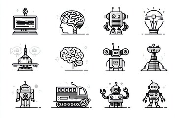Collection of stylized robot and technology icons on a light gray background, ai and machinery themes