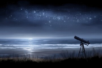 Serene night view of a telescope positioned on a quiet beach illuminated by a celestial sky filled with stars reflecting on the ocean waves creating a peaceful exploration atmosphere