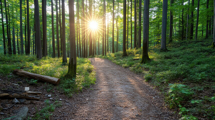 Obraz premium Sunlight filters through tall trees along serene forest trail, creating peaceful atmosphere