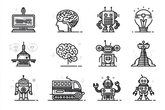 Collection of stylized robot and technology icons on a light gray background, ai and machinery themes
