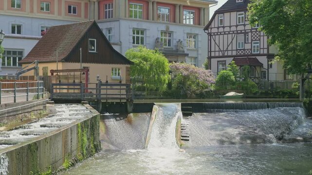 Waterfront at the Neckar Weir Canal in Esslingen &ndash; Warm Summer Weather in Germany
