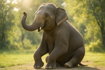 Fototapeta premium Smiling Young Elephant in Serene Forest: Playful Wildlife Portrait with Green Background and Soft Light