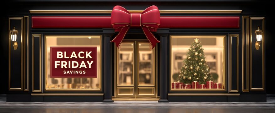 Black Friday big savings event flashes like lightning in a store window spotlight.