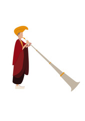 Buddhist Monk playing dungchen (Tibetan horn) or lawa during Torgya Festival at Tawang Monastery, Arunachal Pradesh © amalendu