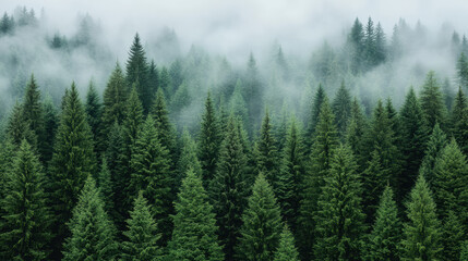 Fototapeta premium Dense mist in forest background creates cool, atmospheric, and calm scene