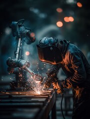 Nighttime Welding in an Industrial Setting With Sparks Flying and Warm Lights Illuminating the Surroundings