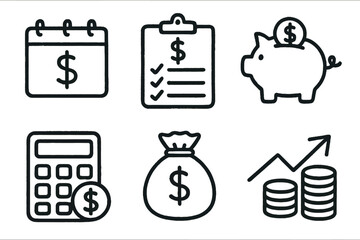 Minimalist financial icons set: calendar, piggy bank, calculator, money bag, growth chart