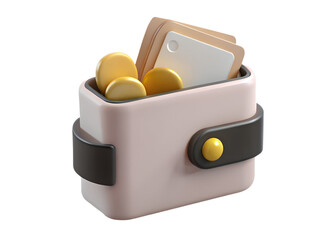 A beige wallet filled with coins and cards