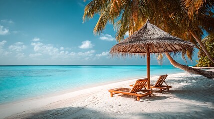 Tropical beach with lounge chairs and umbrella ocean