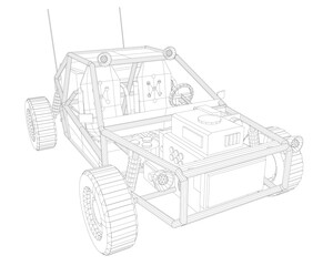 A sleek buggy car wireframe model on a white background features intricate headlights, a detailed grille, and realistic wheels with a glossy finish.