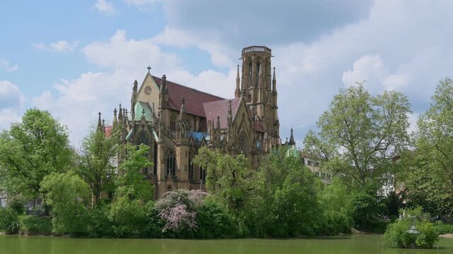 Summer Cityscape at the Feuersee Featuring Johanneskirche &ndash; Stuttgart, Germany