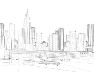 Naklejka premium A black and white city skyline with skyscrapers and an airplane in the foreground, set against a stark white background. The detailed drawing highlights the urban scene near an airport runway.
