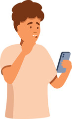 Fototapeta premium Young man holding smartphone and reacting to shocking news, feeling worried and stressed