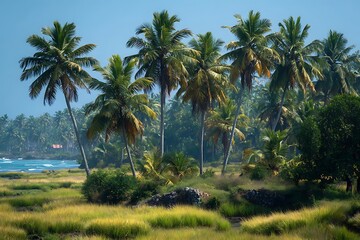Tropical Coastline with Palm Trees and Lush Green Grass
