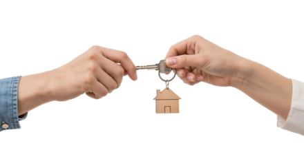 Real estate agent's hand giving house keys to a new homeowner. Isolated on transparent background, png