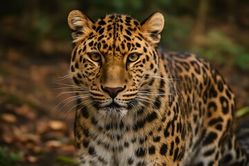 Obraz premium Close-Up Portrait of a Mysterious and Powerful Leopard: A Wild and Ferocious Feline Predator in Nature's Habitat