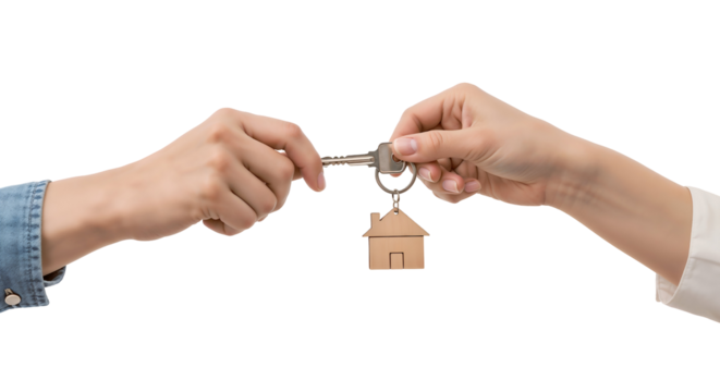 Real estate agent's hand giving house keys to a new homeowner. Isolated on transparent background, png