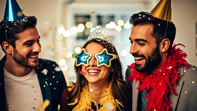 Group of friends celebrating at a party wearing colorful party hats and tiaras with joyful expressions