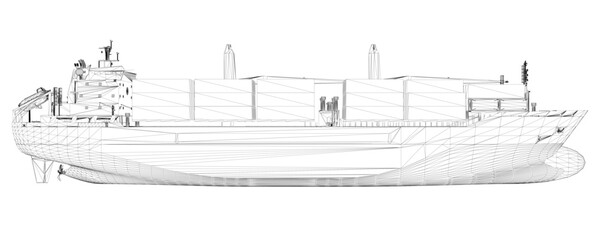 Blueprint of a large cargo container ship in 3D wireframe view. The detailed model shows the hull, superstructure, and other structural features on a plain white background. © German Ovchinnikov