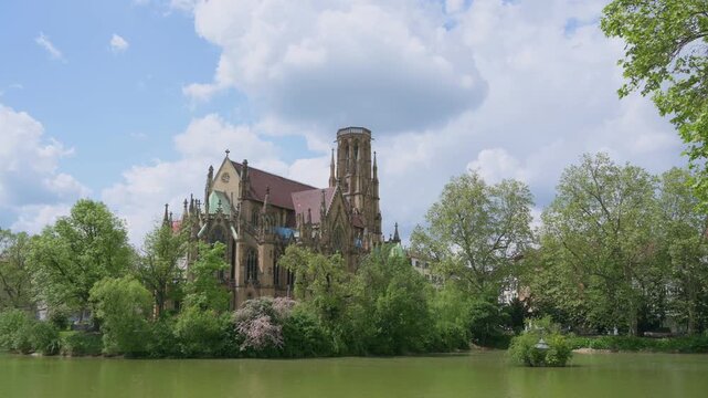 Feuersee Waterfront View with Johanneskirche and Fluffy Clouds &ndash; Stuttgart, Germany