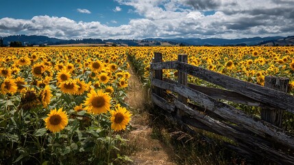 Vast Sunflower Field with Rustic Wooden Fence Under Cloudy Sky