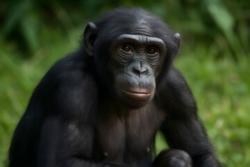 Naklejka premium Curious Chimpanzee in Forest Habitat: Close-Up Wildlife Photography of Endangered Primate Species and Conservation Behavior