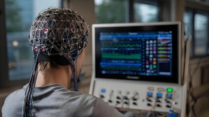 Person wearing an EEG cap with numerous wired electrodes, collecting brain activity data shown on a monitor. Concept EEG cap with wired electrodes, Brain activity data on monitor
