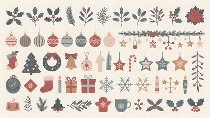 Collection of christmas and winter holiday decorative elements and ornaments