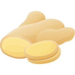 Fresh Ginger Root Isolated on Transparent Background with Slices Showing Yellow Interior and Natural Texture