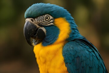 Obraz premium Vibrant Close-Up Portrait of a Beautiful Blue, Green, and Yellow Exotic Macaw Parrot in Tropical Wildlife and Nature