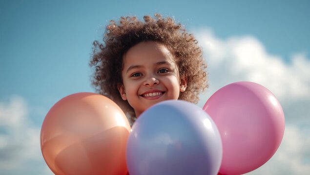 Joyful young child with a bright smile holding three colorful balloons on a clear sky day - Powered by Adobe