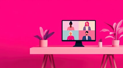 A modern workspace featuring a computer screen with virtual meeting participants and vibrant pink decor.