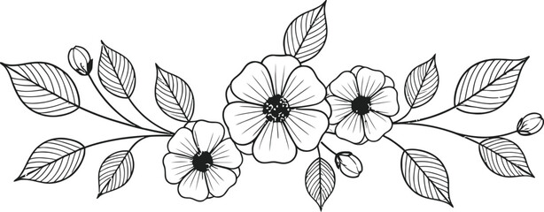 Elegant hand drawn floral branch with blossoming flowers and leaves in black and white