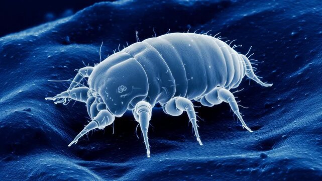 Detailed microscopic 3D illustration of a dust mite with segmented body and multiple legs crawling across textured blue fibers, showing intricate anatomical features under magnification.