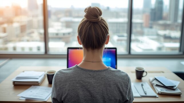 団子ヘアの女性Webデザイナーの後ろ姿 - Powered by Adobe