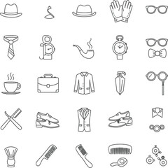 Collection of hand drawn gentleman accessories and clothing icons for vintage style