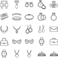 Collection of hand drawn fashion accessories and jewelry icons for style and elegance