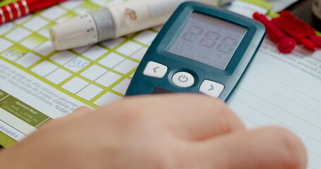 Man pricks his finger to measure his blood sugar level as part of diabetes management. This monitoring helps him keep track of his health effectively.