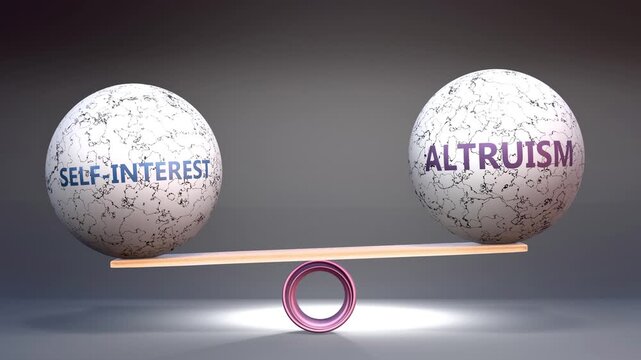 Self-Interest and altruism in balance - balancing stones on a scale symbolizing harmony, equity and equilibrium between self-interest and altruism. Harmonious and beneficial situation.