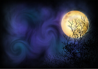 Full Moon in Dark Night Sky with Bare Trees and Mysterious Purple Mist