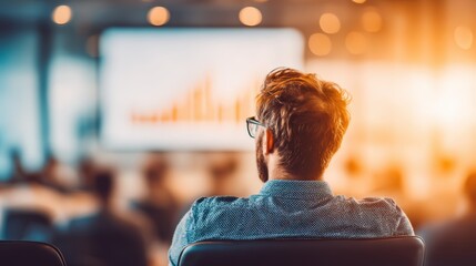 A focused individual observes a presentation on a screen, highlighting data trends in a professional environment.