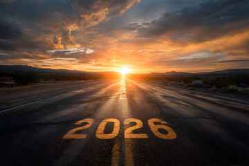 Obraz premium The new year 2026 is painted on a wet asphalt road leading towards a dramatic sunset with a bright sunburst