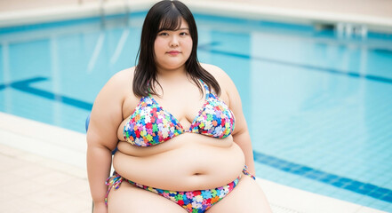 プールに来た水着のポッチャリさん