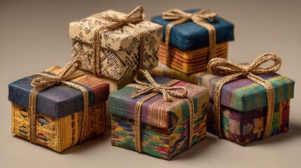 Colorful handmade gift boxes, wrapped in traditional kente woven cloth and tied with natural twine, symbolize Kwanzaa, gratitude, and the beauty of cultural craftsmanship.