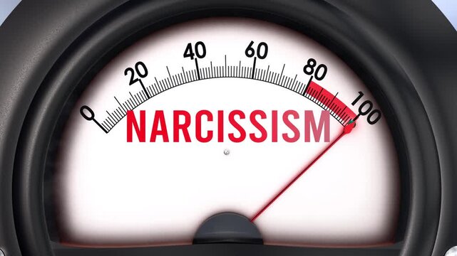 Narcissism meter that is hitting a full scale, increasing and high levels of narcissism, potential overload. Maximum narcissism value, off the charts.