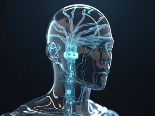 Hyper-realistic AI humanoid with transparent head showing glowing neural circuits on dark background